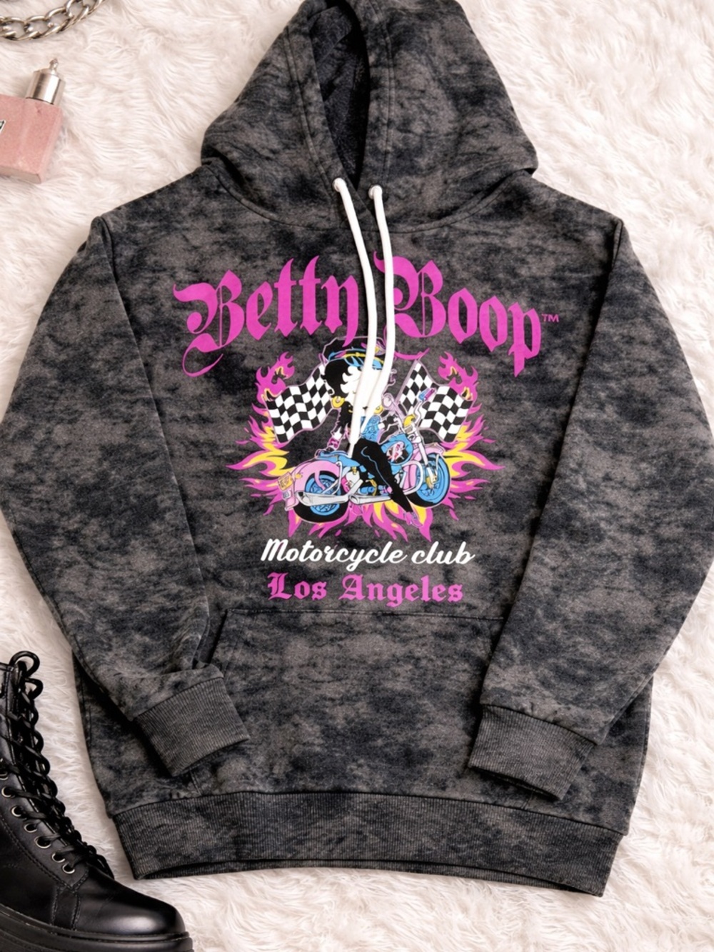 Betty Boop Black Gray Tie-Dye Hoodie with Pink Graphic